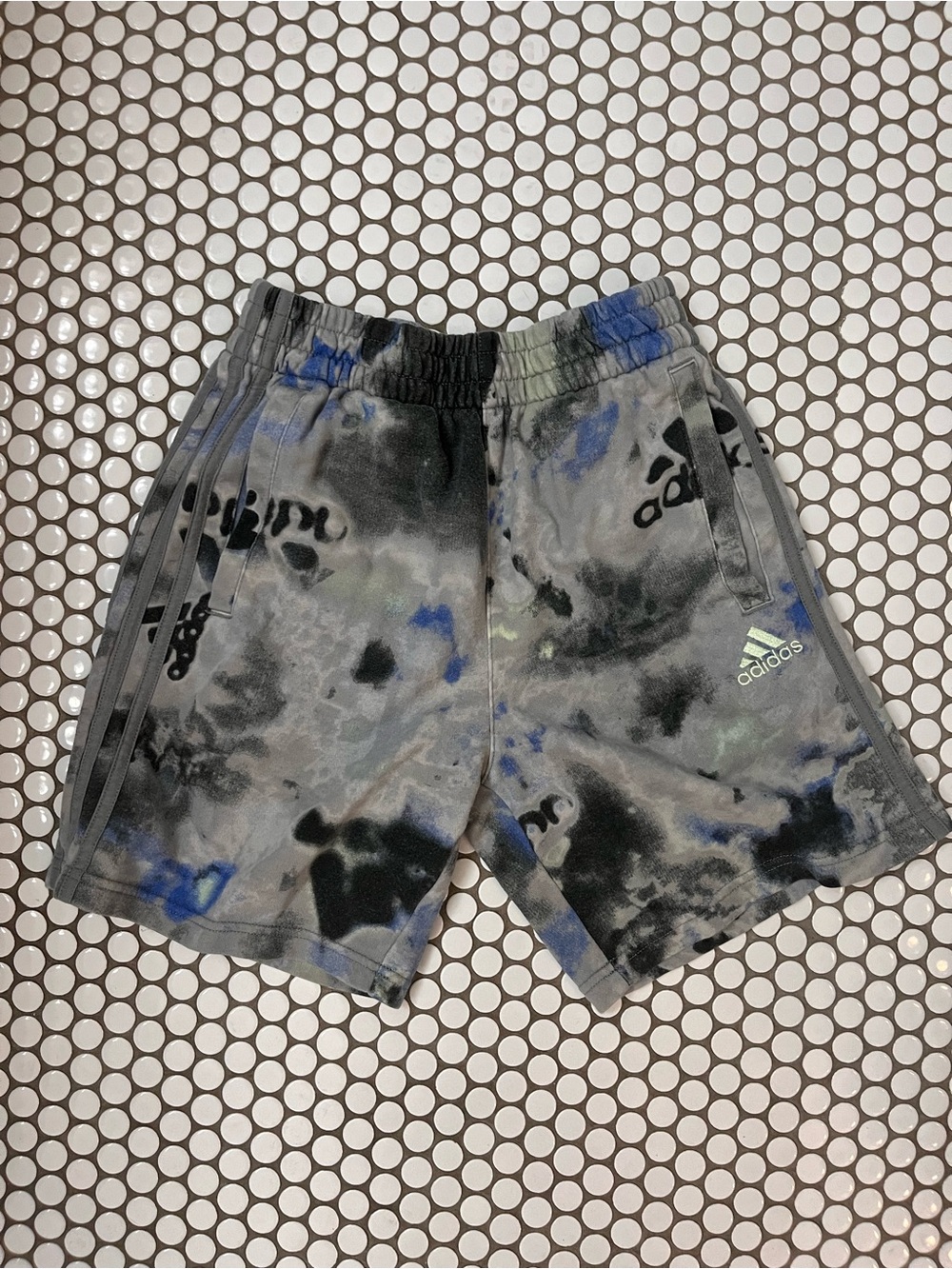 adidas Gray and Blue Tie-Dye Loose Fit Athletic Shorts